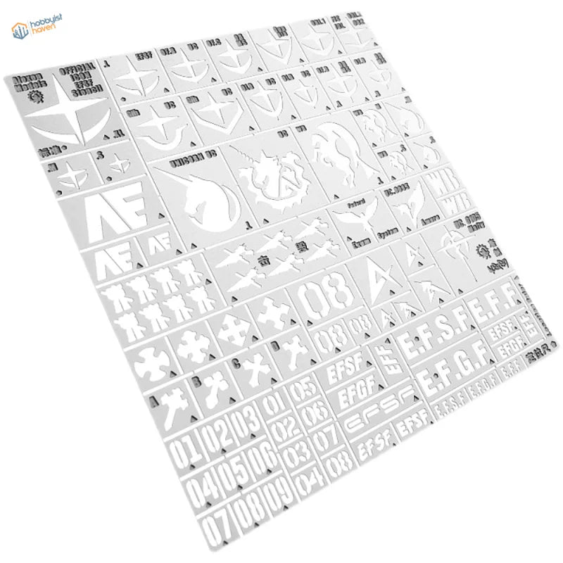 Gundam GM EFF white plastic stencil with stars, unicorns, numbers for scale modeling