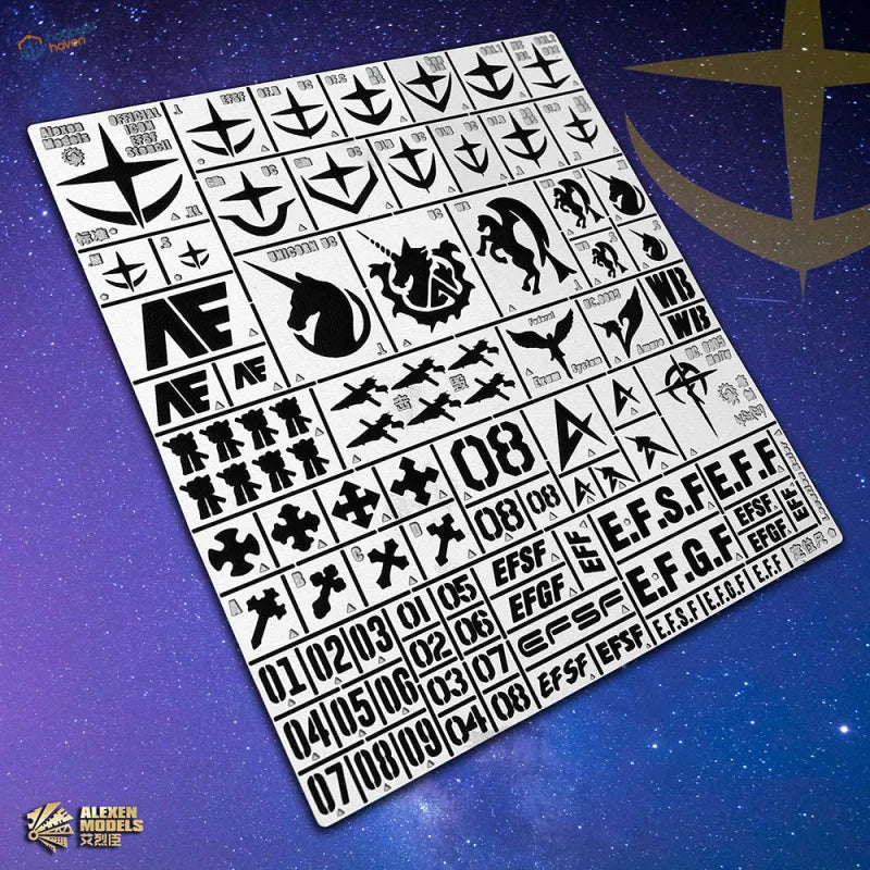 Gundam GM EFF metal stencil with black military insignias