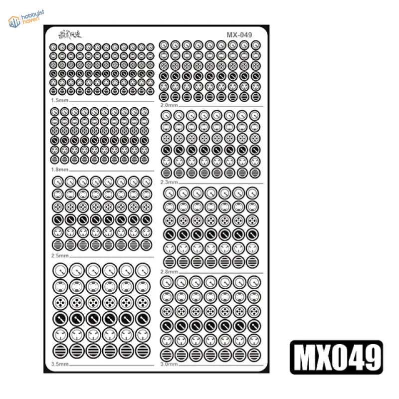 MX049 fret: round etched detail parts, ringed and slotted discs in graduated sizes