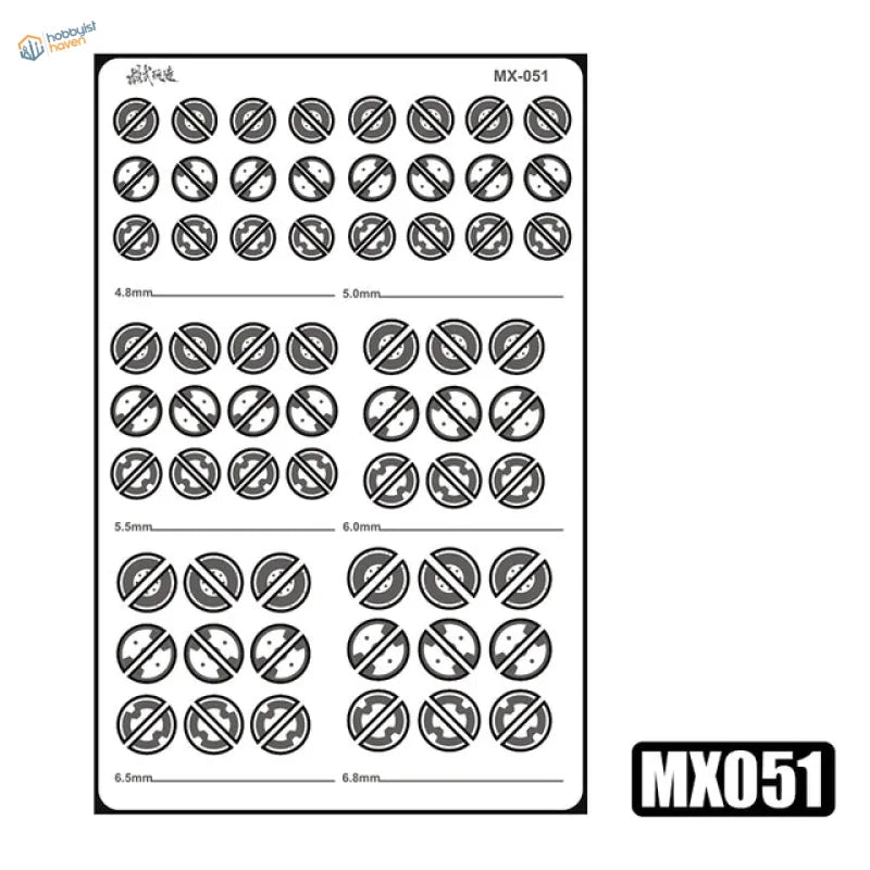MX051 fret: large round etched vents with diagonal slots, 4.8 to 6.8 mm