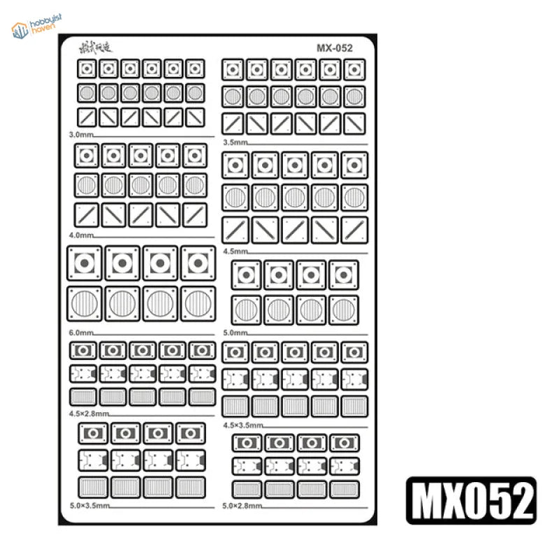 MX052 fret: square and rectangular etched detail panels in graduated sizes