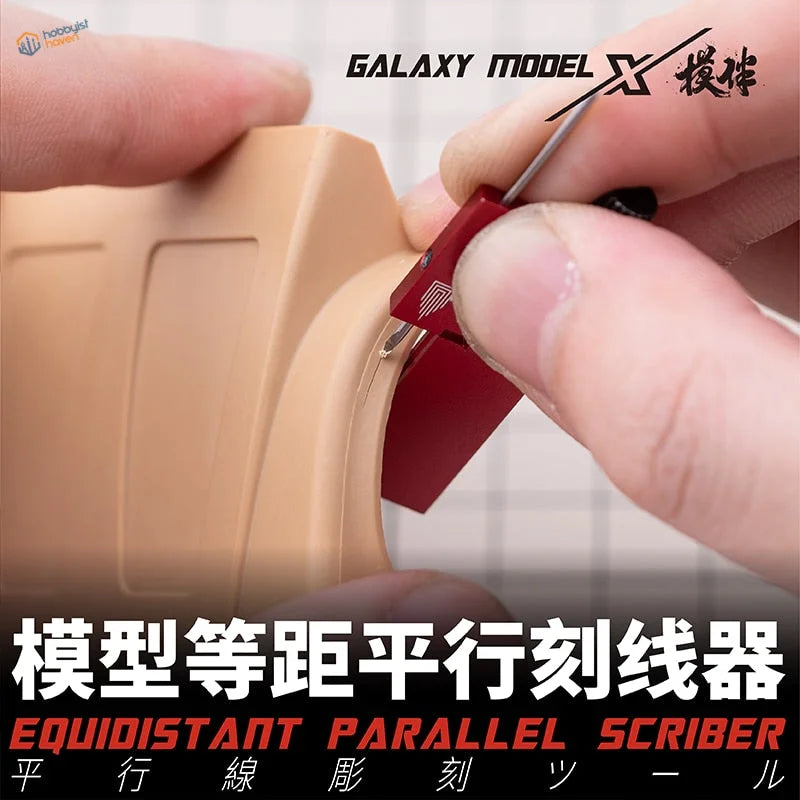 Red line carving tool scribing panel lines on tan Gundam model part