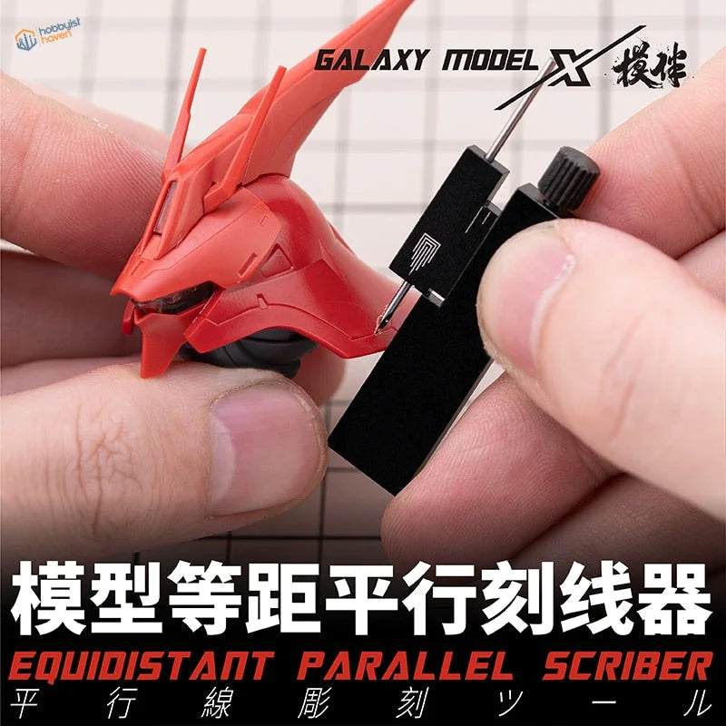 Red Gundam model head with panel lines carved using line carving tool