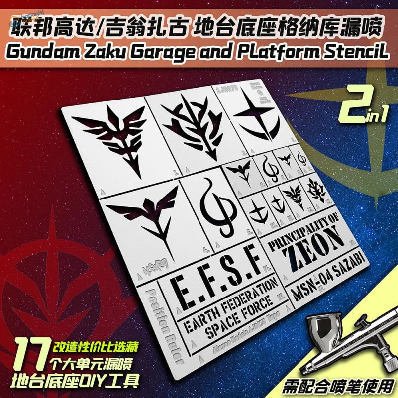 Gundam Zaku garage stencil with Zeon logos and E.F.S.F. text