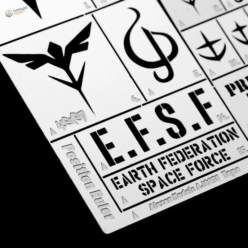 Gundam Zaku Garage stencil sheet with Earth Federation insignia