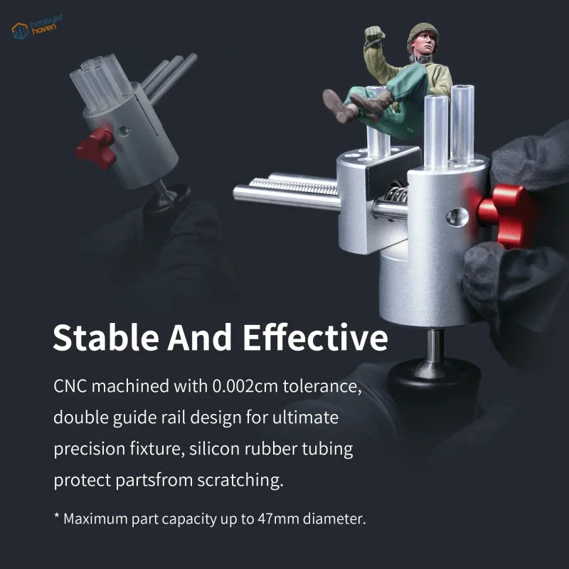 Hand held vise: silver CNC machined fixture with red knobs, clear tubing