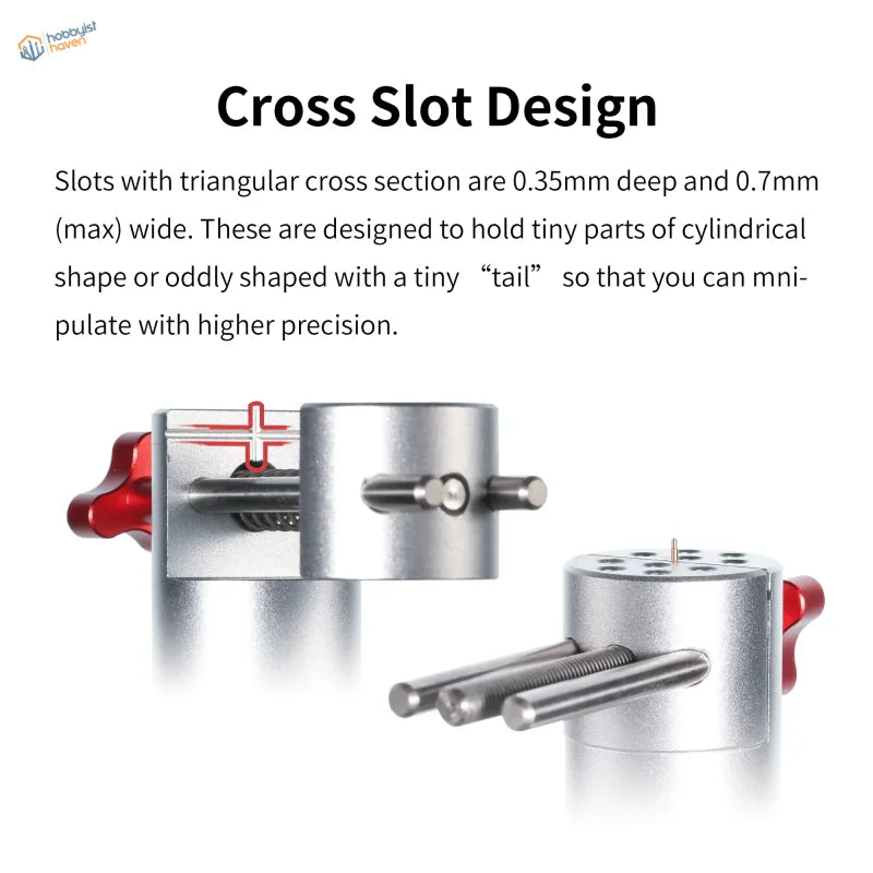 Silver precision hand held vise with red handles for tiny parts