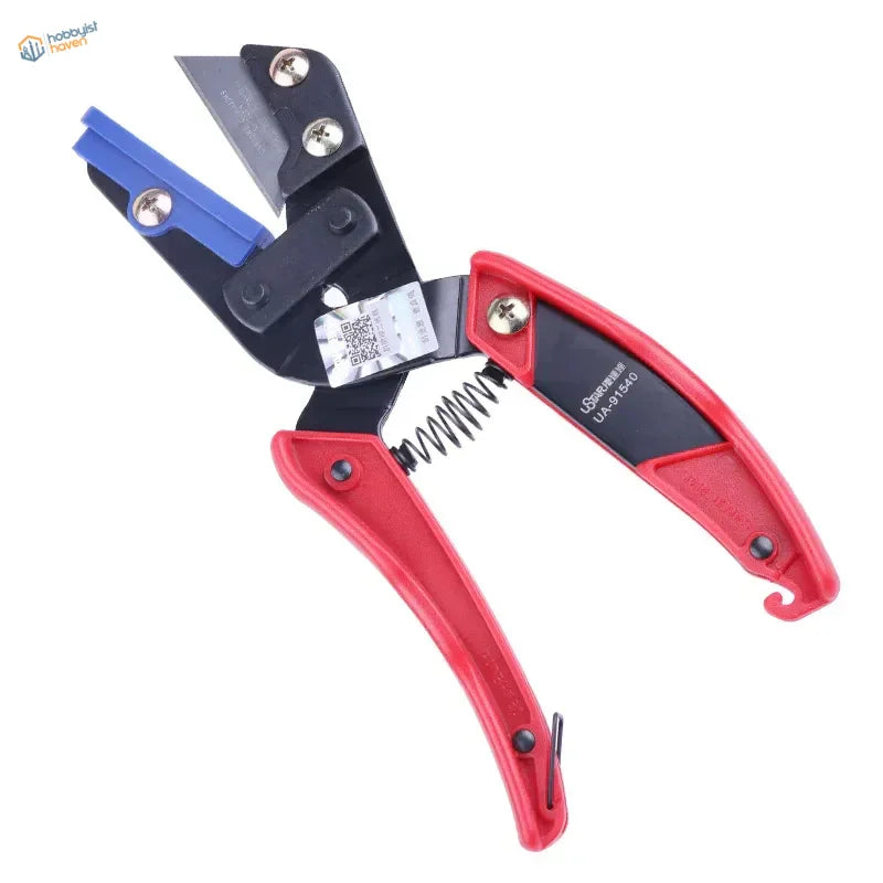 Red and black handheld angle cutting pliers with blue blade insert
