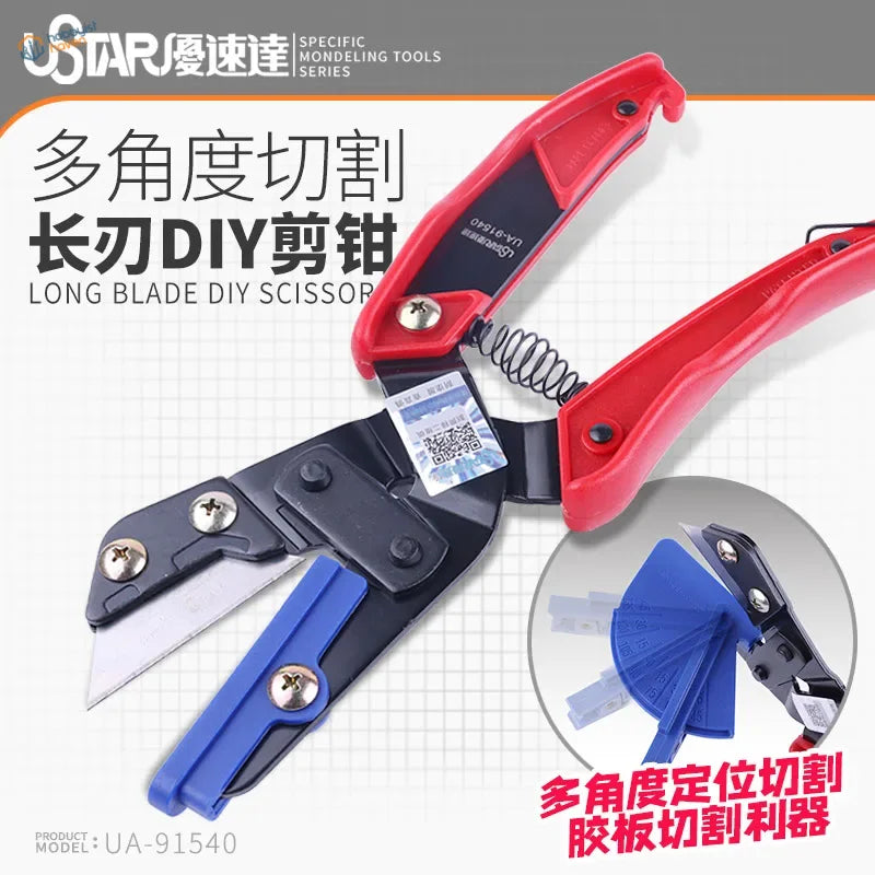 Red black handheld angle cutting pliers with blue guide for foam board
