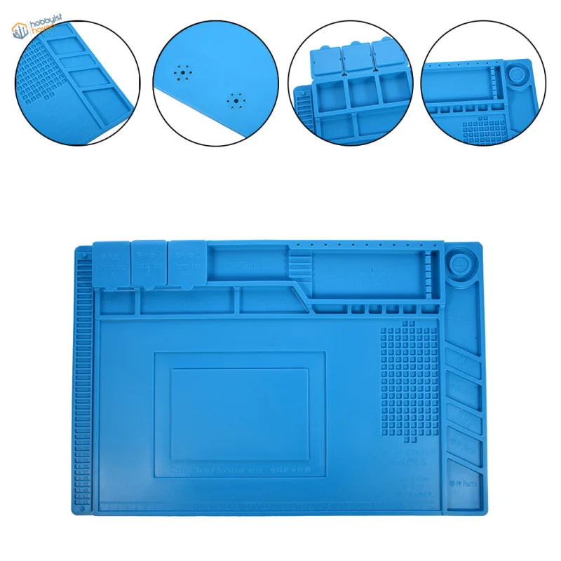 Blue silicone desk mat for soldering iron with heat insulation, compartments