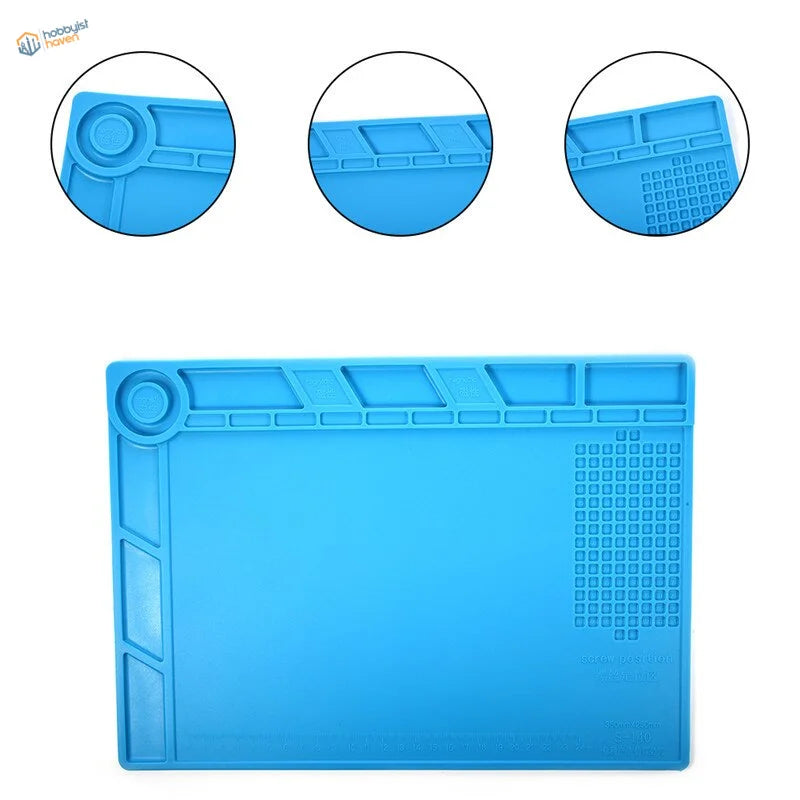 Blue silicone desk mat for soldering iron with heat insulation and magnetic section