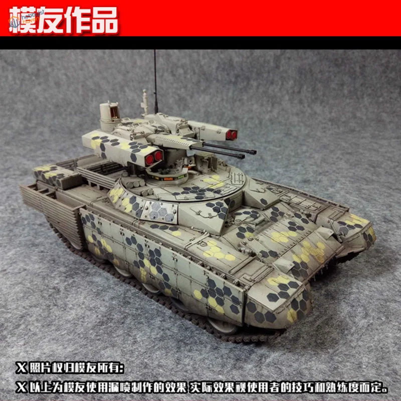 Hexagon camouflage stencil with detailed beige-yellow tank model