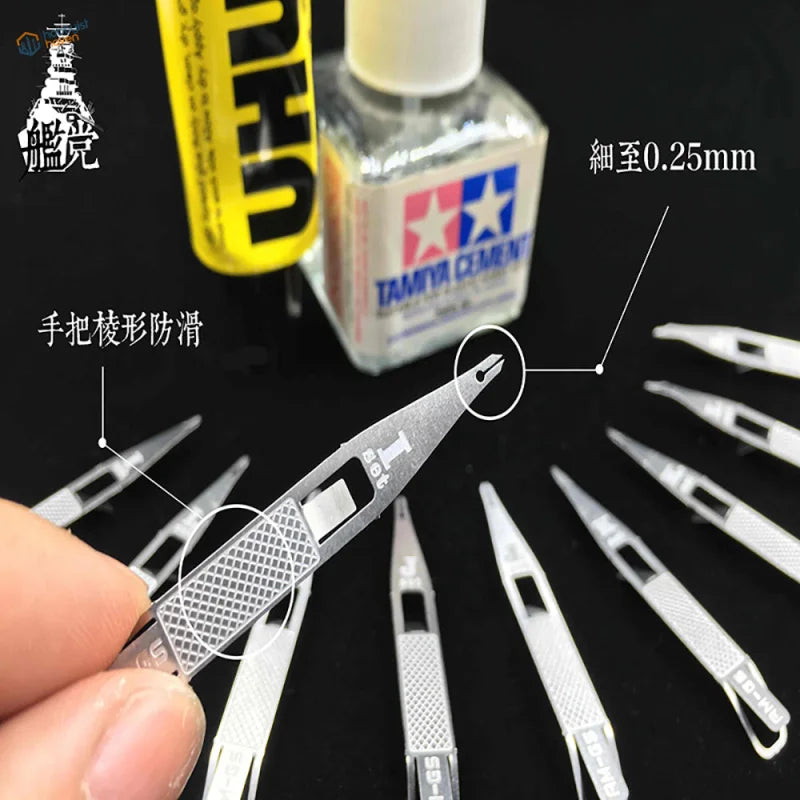 Silver precision tweezers with 0.25mm tip for glue in scale modeling tools