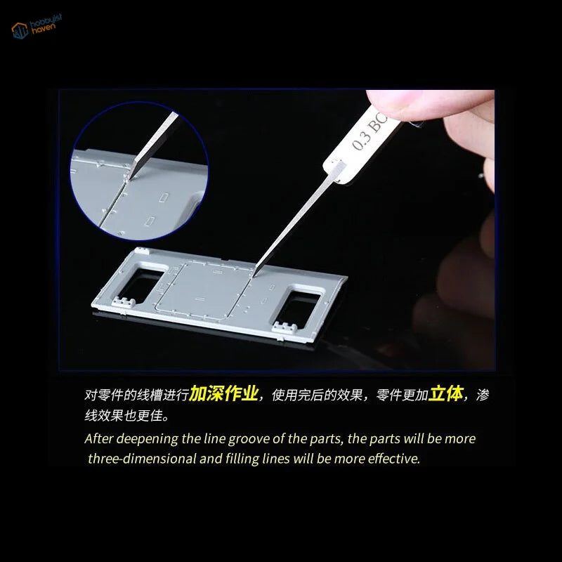 Carbide scribing knife deepening panel-line grooves on a plastic model part