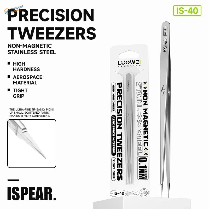 Luowei IS-40 tweezers: silver non-magnetic stainless steel precision model