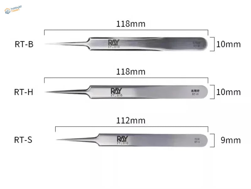 Three high precision steel tweezers with satin finish and Ray branding