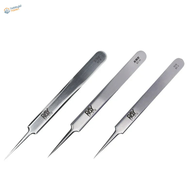 High precision satin finish steel tweezers set of three