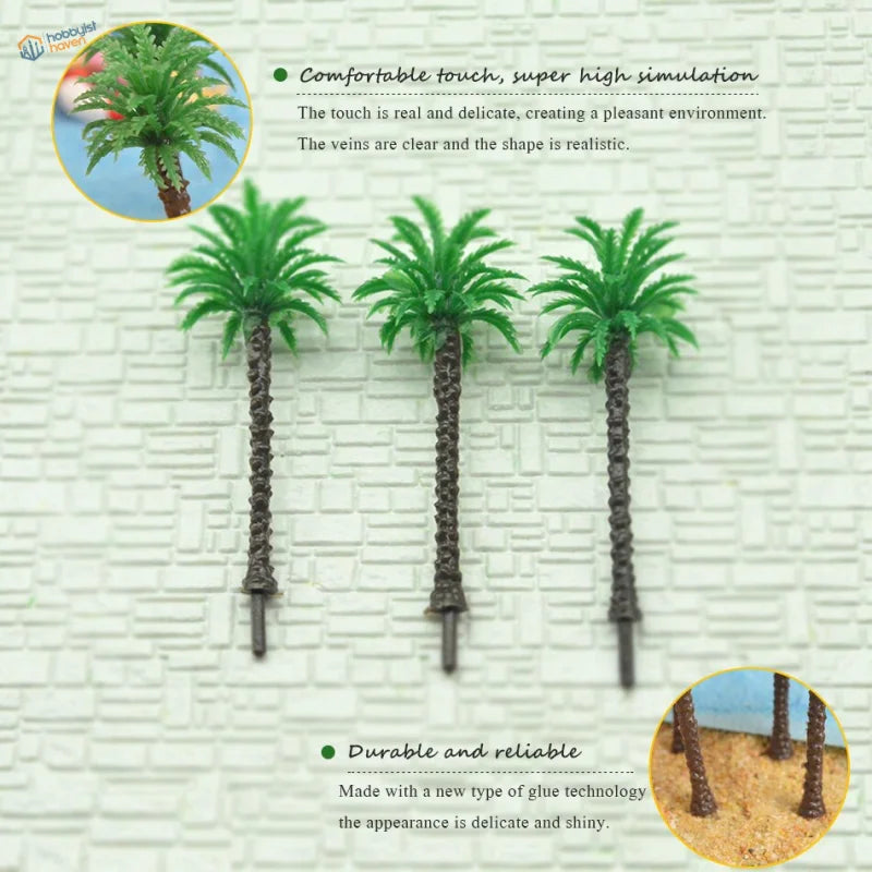 Three high-quality ABS miniature green palm trees with textured trunks