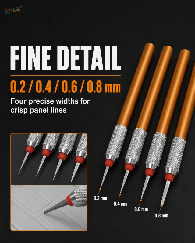 Set of four high-speed steel burin paneling tools with gold handles, textured silver grips, and red-tipped blades