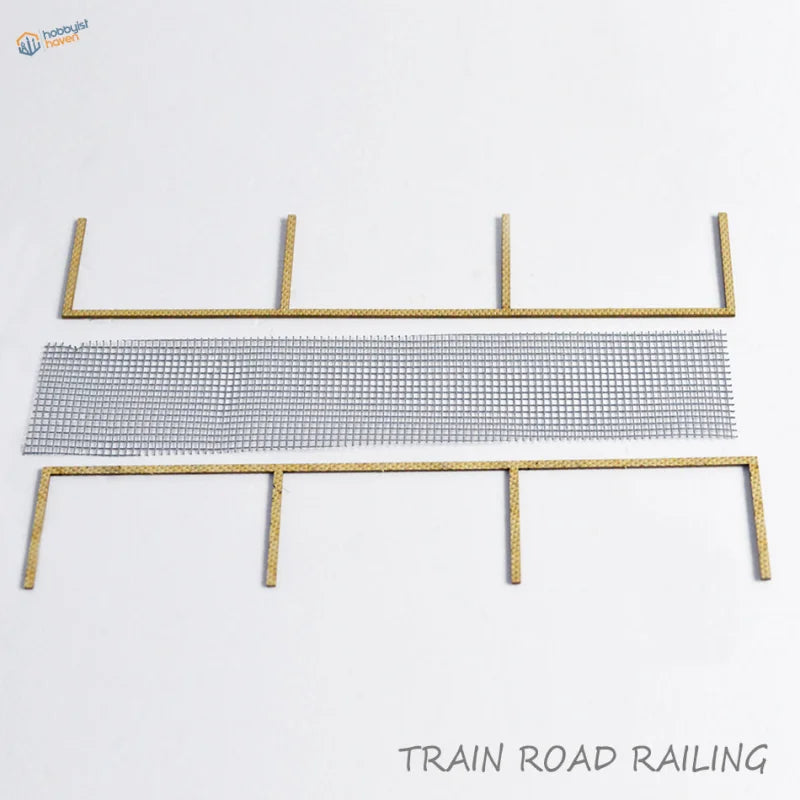 HO 1:87 scale railroad train fence with gold metal railing and mesh section
