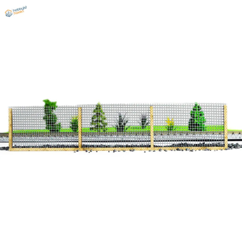 HO 1:87 scale railroad train fence with gold wire mesh and miniature trees
