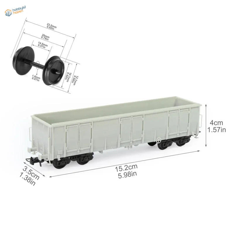 Ho scale 1:87 gray plastic gondola wagon with black wheels and detailed side panels for scale modeling tools and model building tools