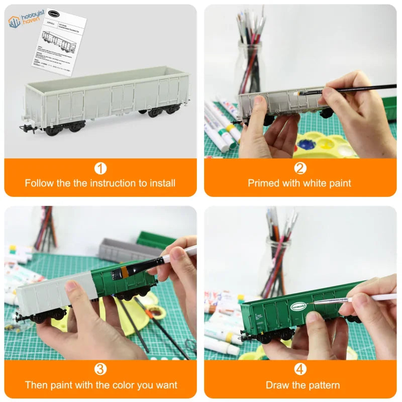 Ho scale 1:87 green painted high-side gondola wagon plastic model being detailed with fine scale modeling tools