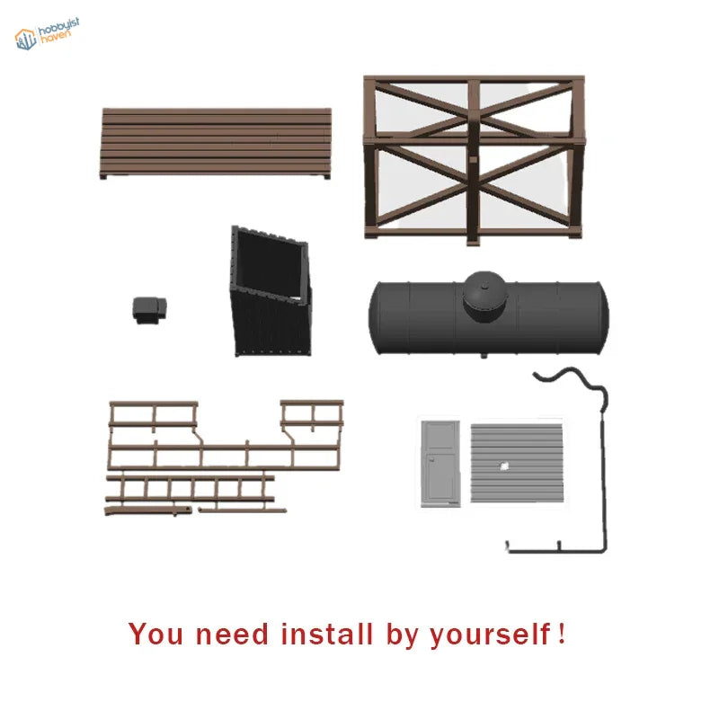 Black cylindrical ho scale 1:87 storage tank kit with domed top and attached pipe for model storage tank use