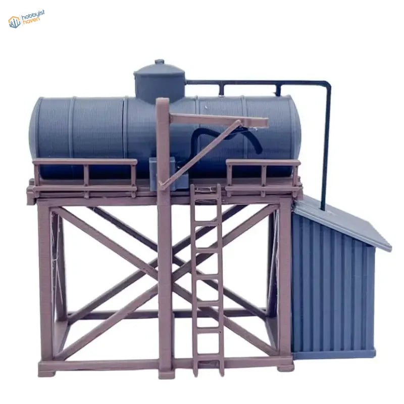 Blue plastic ho scale 1 87 storage tank kit featuring a water tower with ladder and small shed model