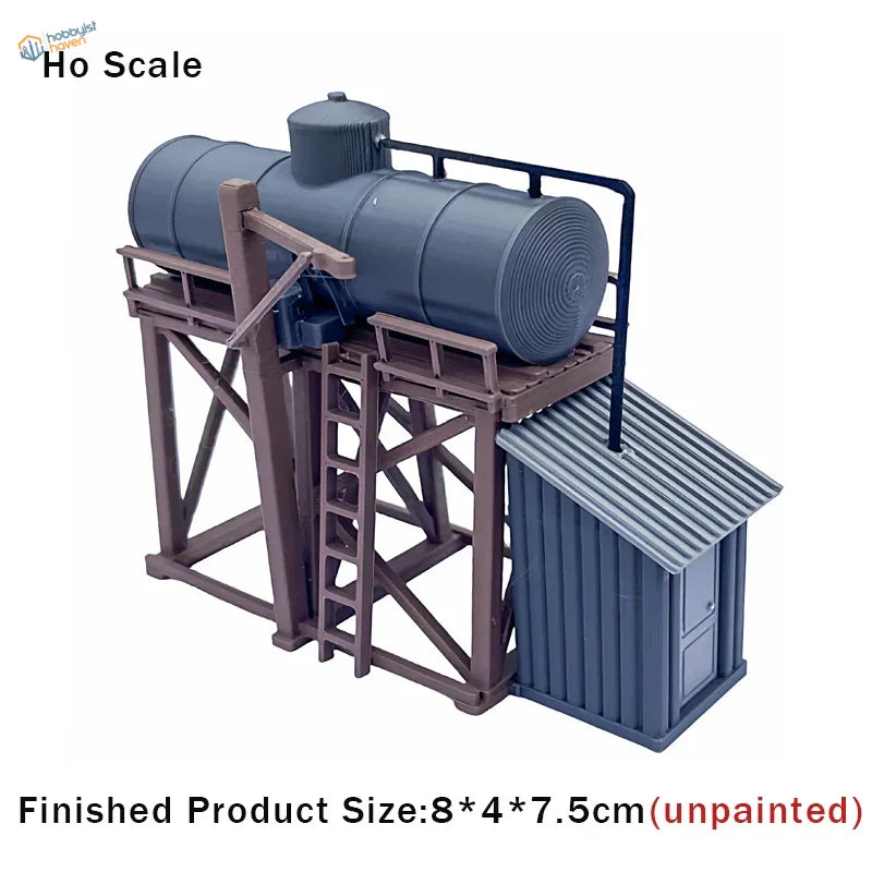 Blue plastic ho scale 1 87 storage tank kit with brown metal frame and small shed for model railroads