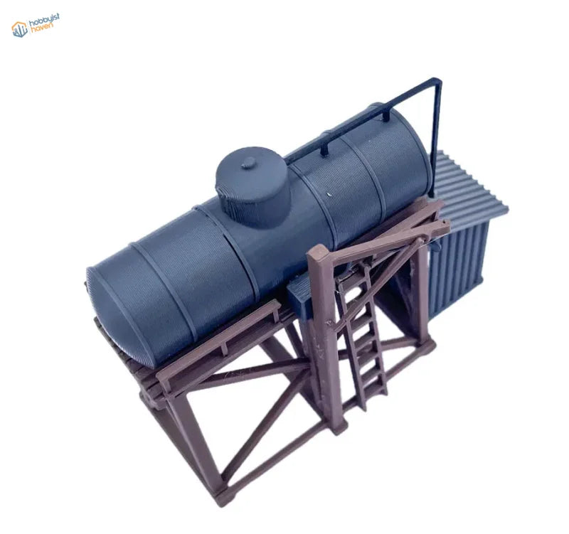 Dark blue plastic ho scale 1 87 tanker truck model on brown metal frame stand storage tank kit display