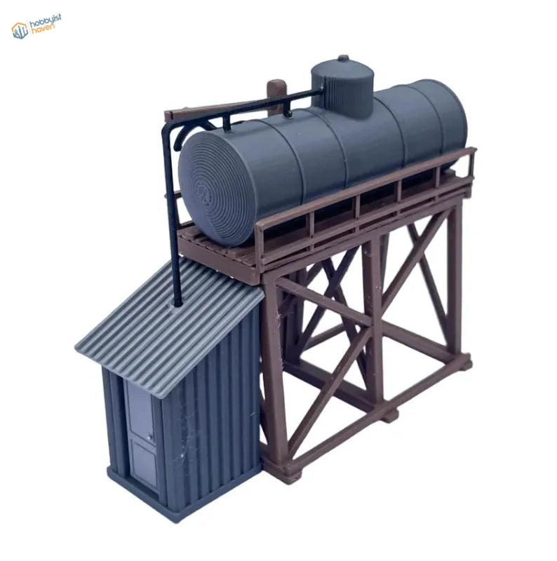 Ho scale 1 87 dark gray plastic storage tank kit mounted on brown metal frame with attached corrugated roof shed