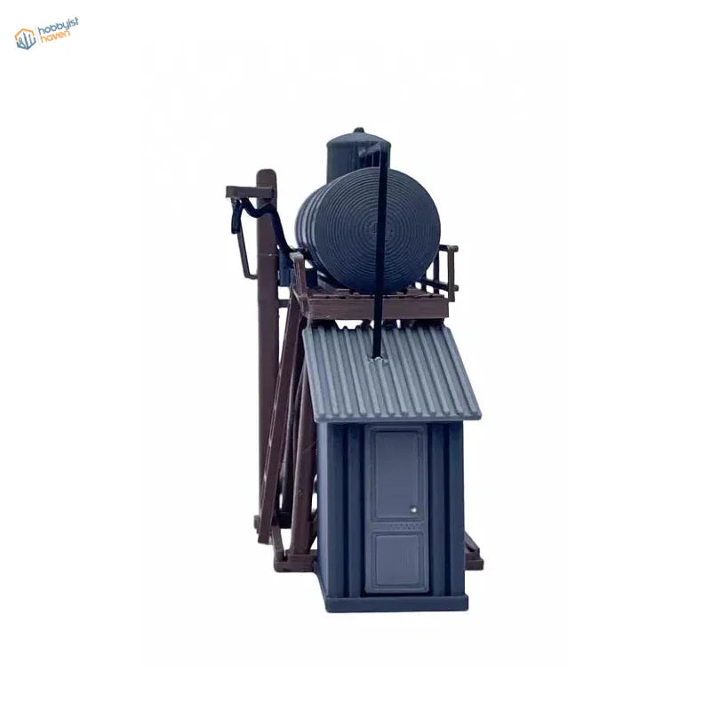 Dark gray plastic ho scale 1 87 storage tank kit with corrugated roof and cylindrical tank for model railroads