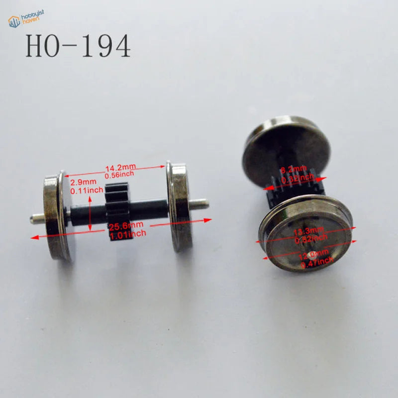 HO scale 1:87 train wheel with silver axles and black gears for scale modeling