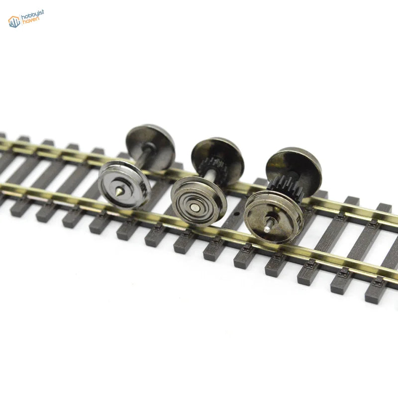 HO scale 1:87 train wheel with chrome finish on green track