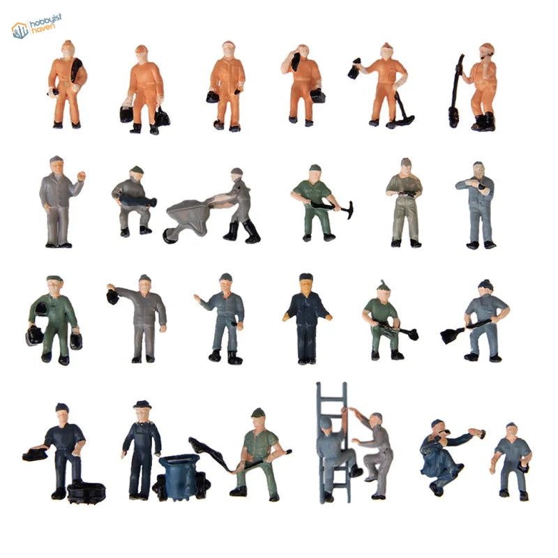 HO scale 25 orange gray green blue worker figurines for railroad scenery