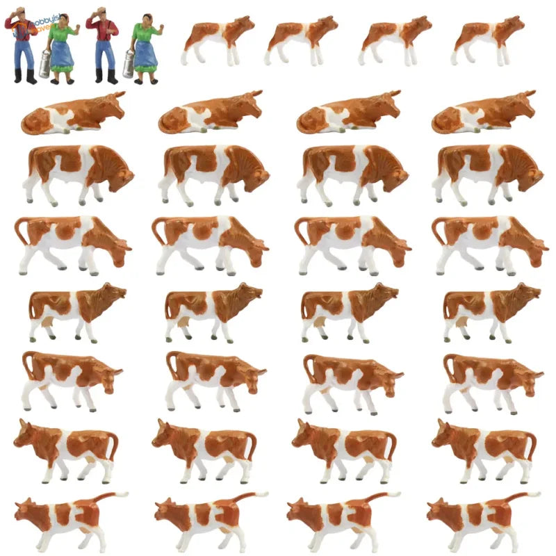 HO scale livestock farmers: brown and white plastic cow figurines in various poses