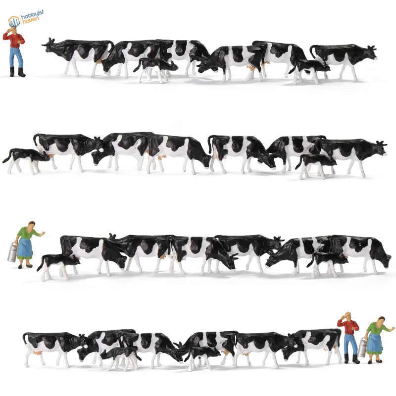 HO scale livestock farmers: black and white plastic model cows in rows