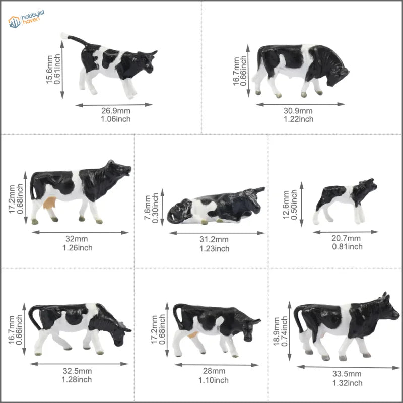 HO scale livestock farmers: black and white plastic cow figurines