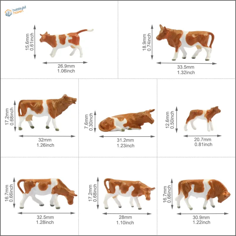 HO scale livestock farmers: brown and white plastic cow figurines