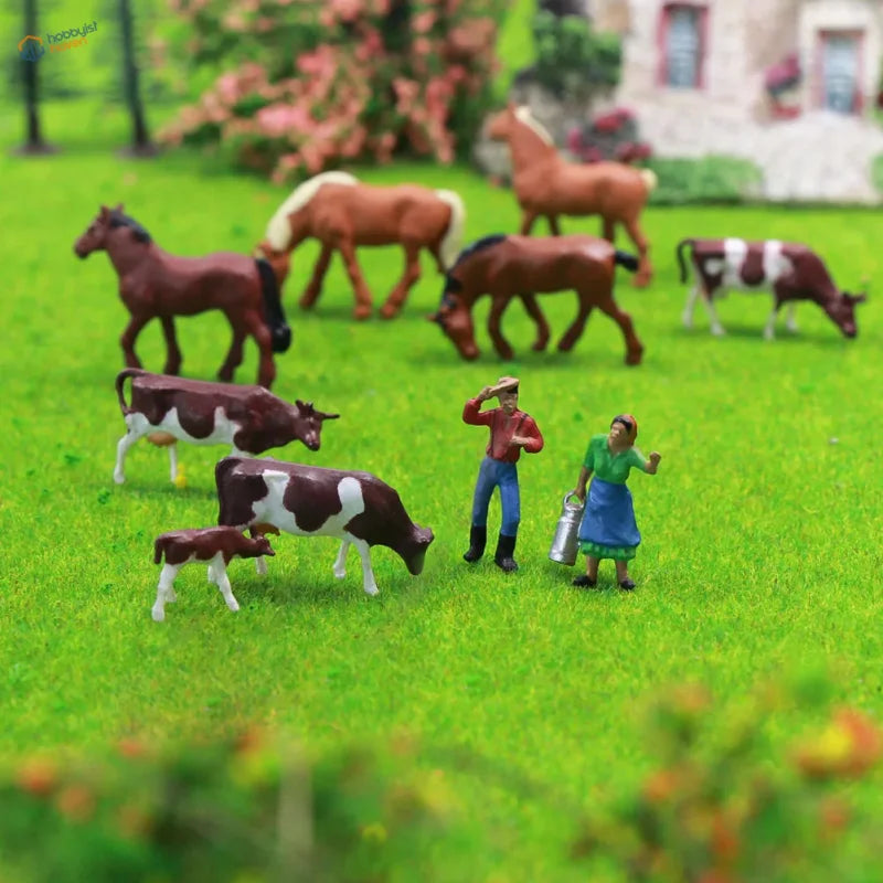 HO scale livestock farmers: detailed miniature cows, horses, and farmers