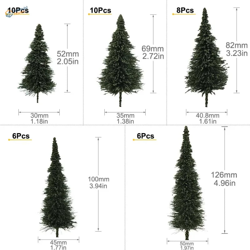 HO scale model trees: set of five artificial Christmas trees in varying sizes