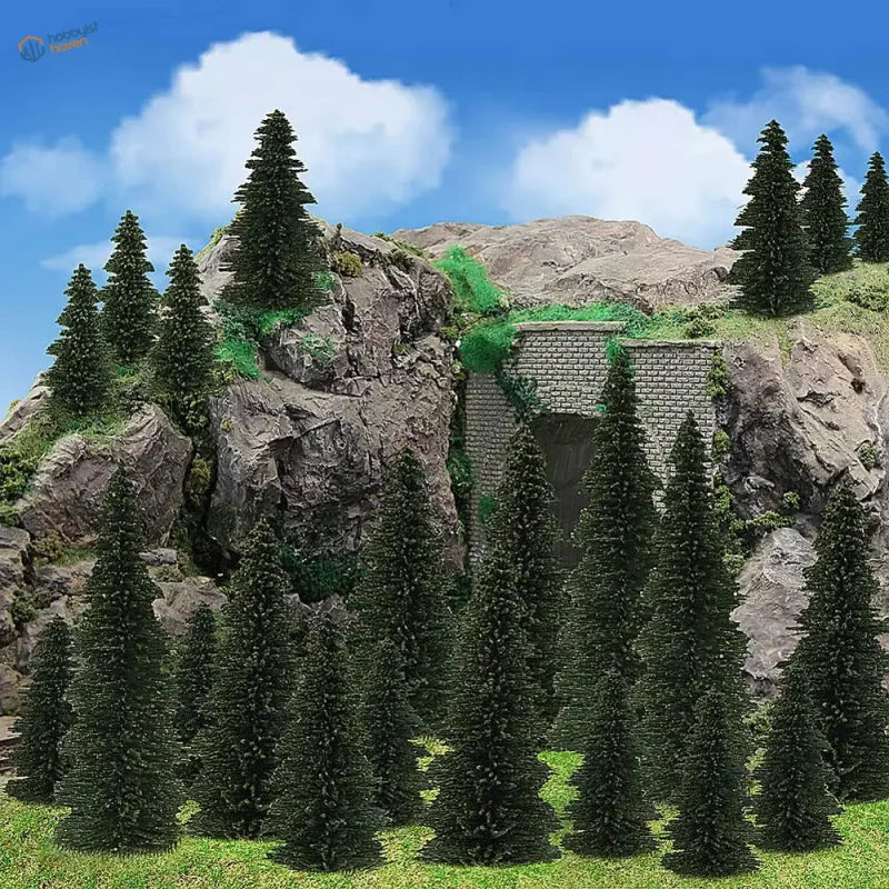 HO scale model trees: 30 dark green plastic pine trees for train layouts