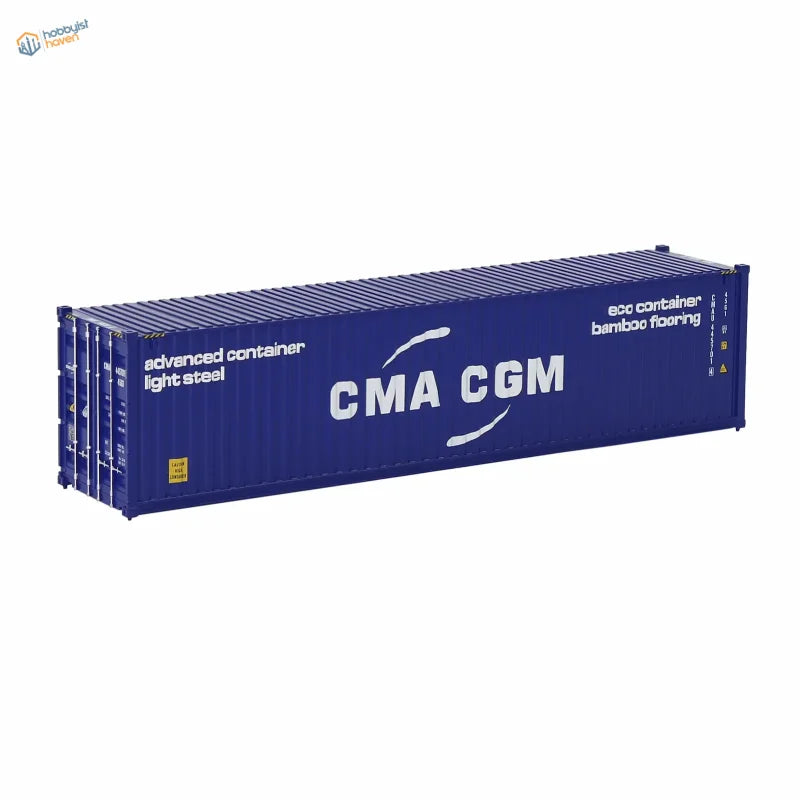 HO scale train model of blue CMA CGM shipping container