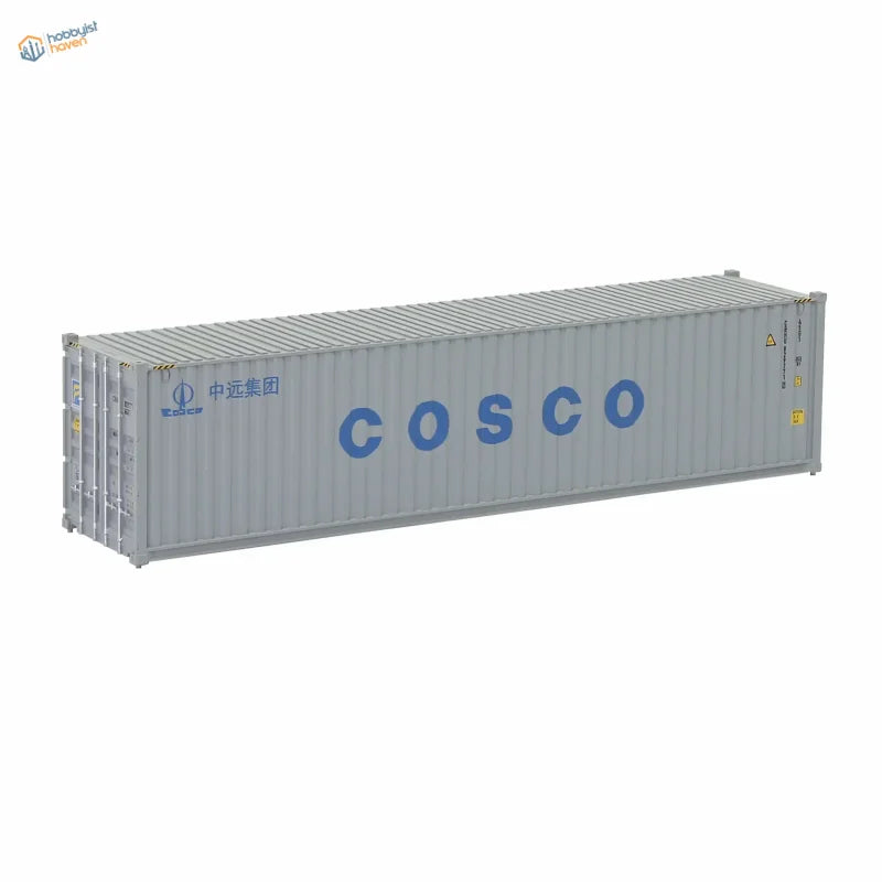 HO scale train model gray Cosco shipping container with blue lettering