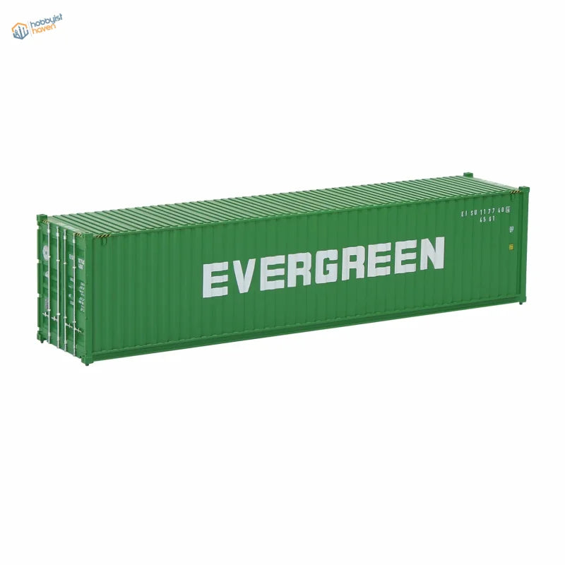 HO scale train model green evergreen shipping container with white lettering