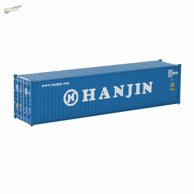 HO scale train model of blue Hanjin shipping container