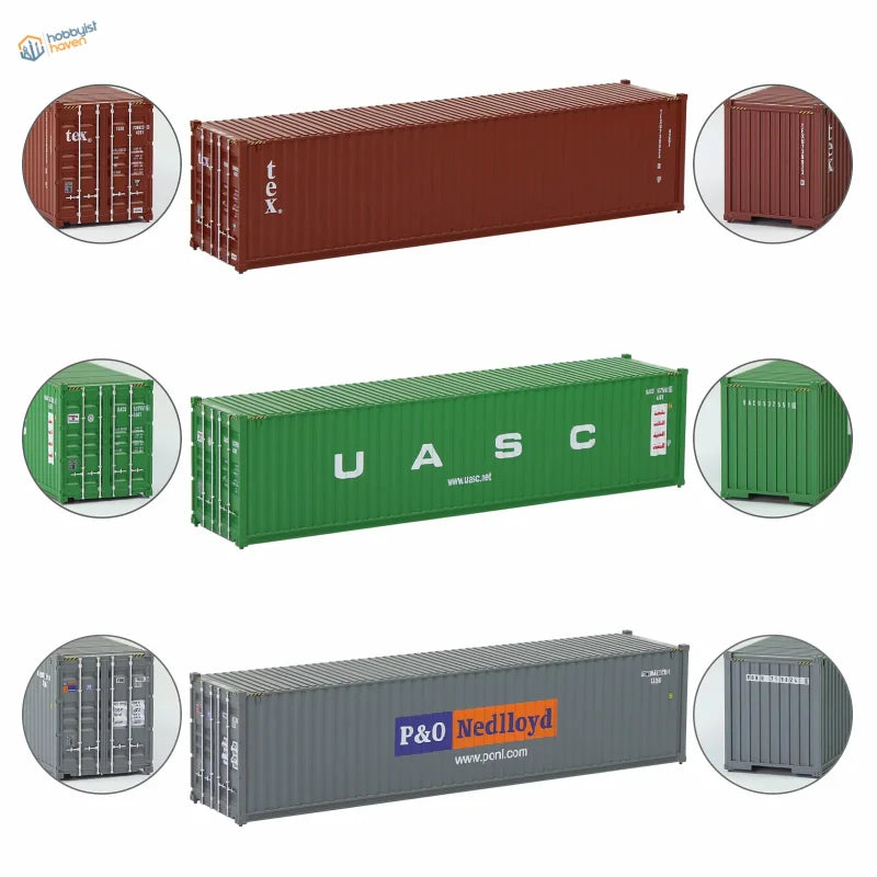 HO scale train model with brown, green, gray shipping containers featuring Tex, UASC, P&O NedLloyd markings
