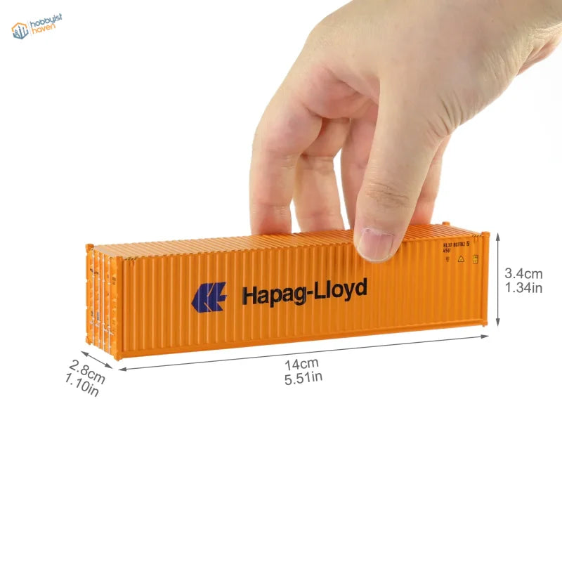 HO scale train model of orange Hapag-Lloyd shipping container