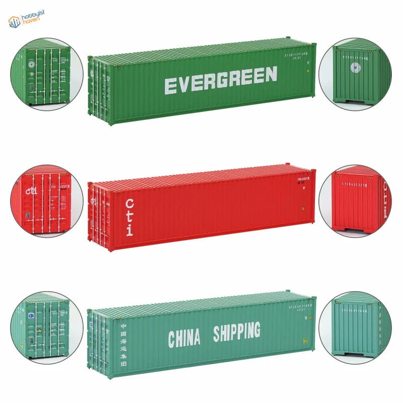 HO scale train model shipping containers in green, red, teal